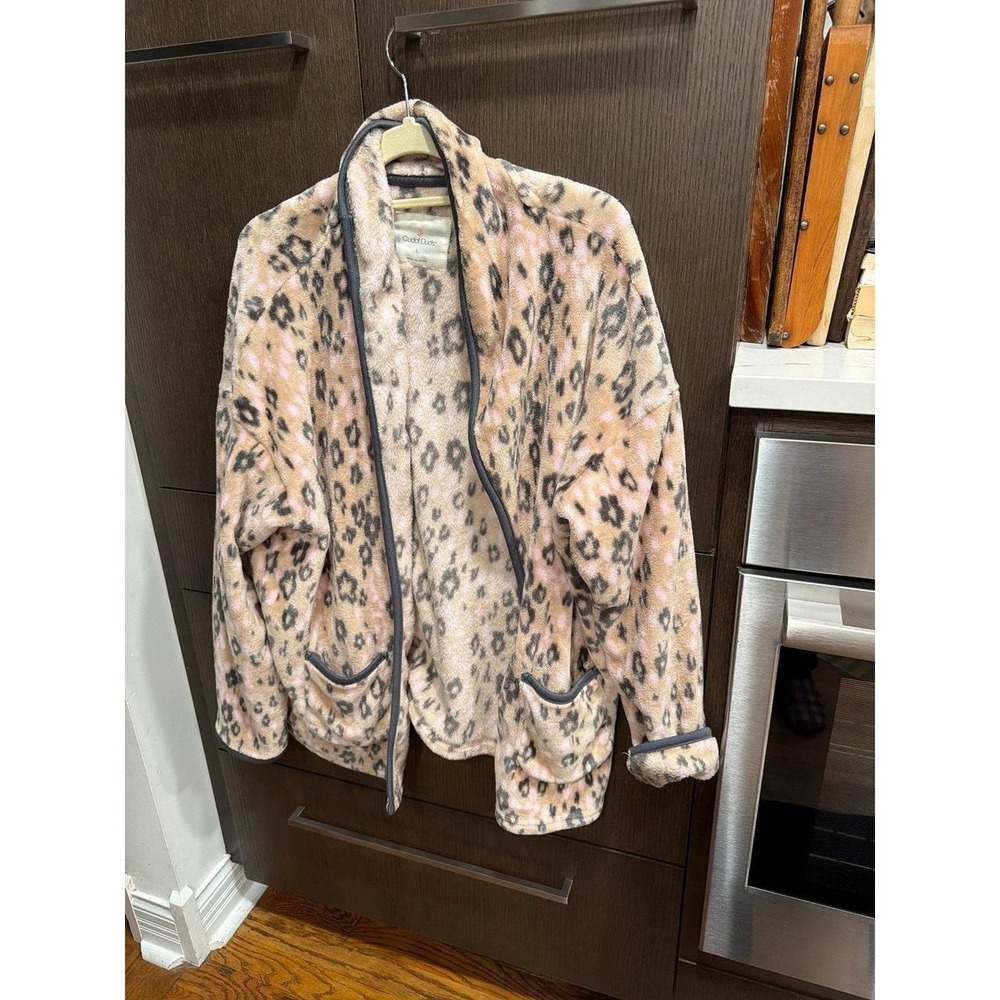 Cuddl Duds plush fleece leopard-print open-front cardigan with front pockets L